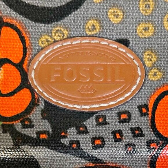 Fossil Grey Orange Floral Coated Canvas Leather Zip Around Clutch Wallet - Picture 2 of 3